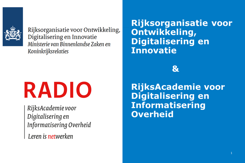 Logo's van Rijksorganisatie Ontwikkeling, Digitalisering en Innovatie & RijksAcademie voor Digitalisering en Informatisering Overheid