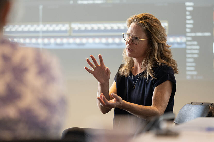 Wieke van der Heide aan het woord tijdens de Workshops Leersnacks